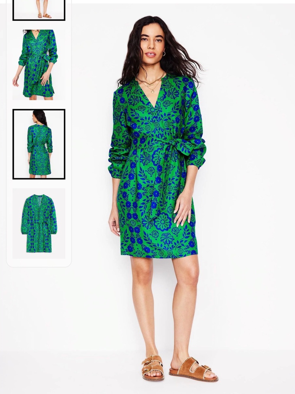 Boden Green Cleo Tie Waist 100% Linen Dress